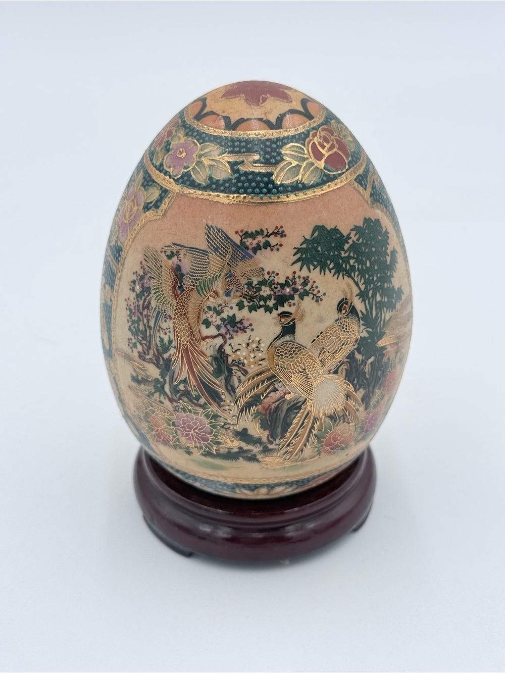 VTG Hand Painted Satsuma Egg Japanese Collectible Porcelain With Wooden Base 5”